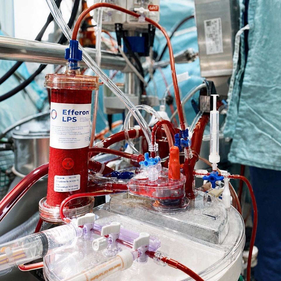 Efferon blood purification cartridge in an extracorporeal circuit at the bedside