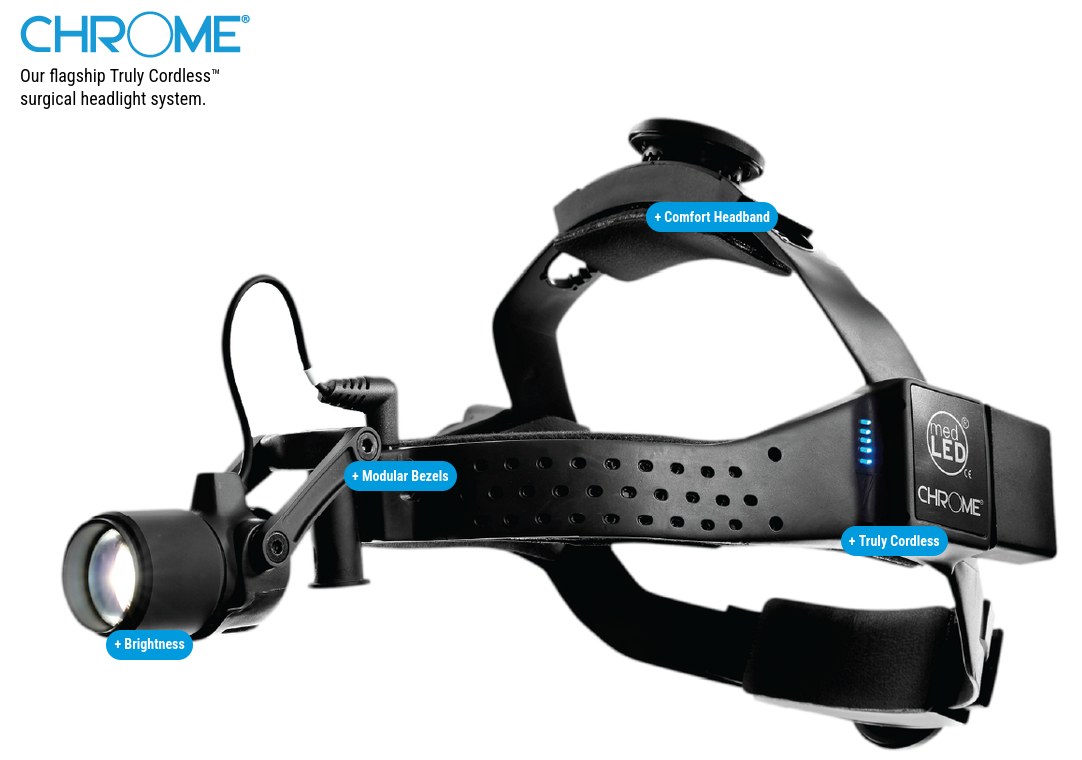 MedLED Chrome truly cordless surgical headlight with modular bezel, comfort headband and brightness control