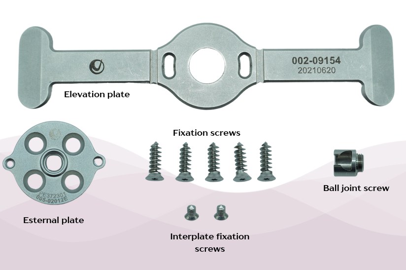 Diagram of Pectus Up components: elevation plate, sternal plate, fixation screws and ball joint screw